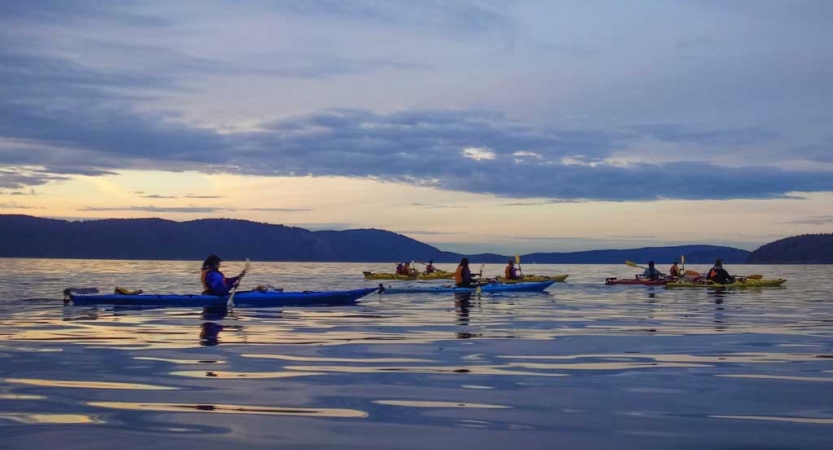 A group of students paddle kayaks on calm water in soft light. There are mountains in the background.